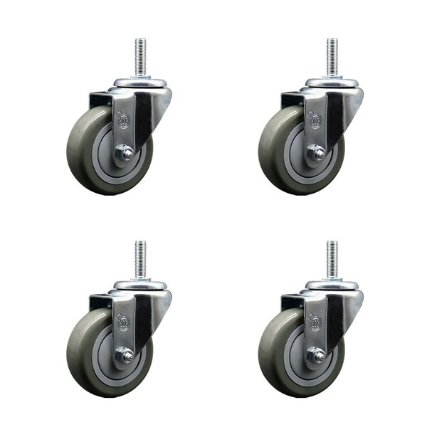 35 Inch Gray Polyurethane Wheel Swivel 58 Inch Threaded Stem Caster Set Service Caster